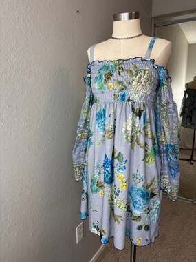 MET Floral Ruffle Smocked Empire Waist Off-Shoulder Dress